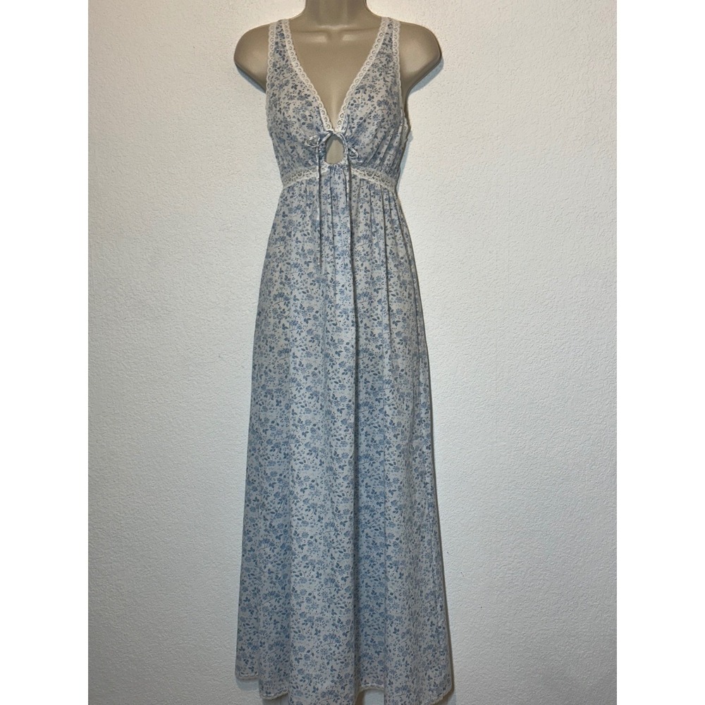 Vintage 70 MissElaine ILGWU Blue Floral Lace Maxi Nightgown Dress Cottagecore